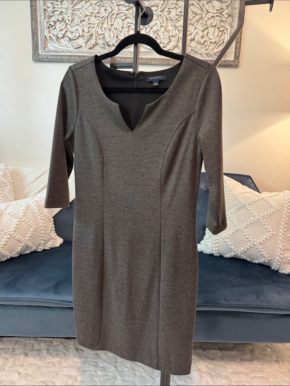 Banana Republic Dark Gray Midi Sheath Dress with Notch Neck